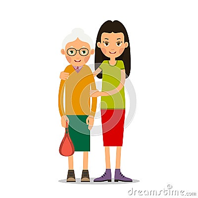 Young girl helps an old woman Vector Illustration