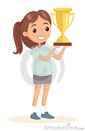 Young girl holding a gold trophy, celebrating a win with a big smile. Child achiever showing her prize for success Vector Illustration