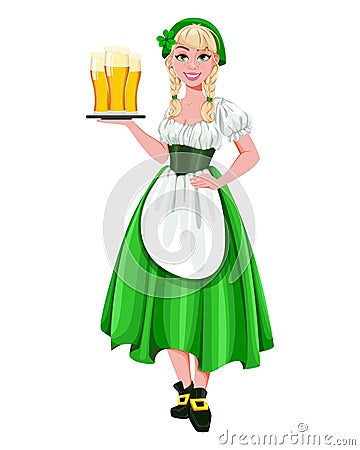 Young girl holding three glasses of beer Vector Illustration