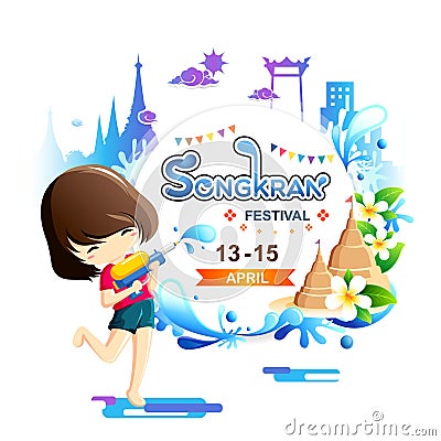 Young girl holding water gun enjoy splashing water in Songkran festival, Thailand Vector Illustration