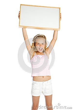 Young girl holding a white banner Stock Photo