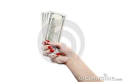 Girl holds a lot of hundred dollar bills isolated on white background Stock Photo