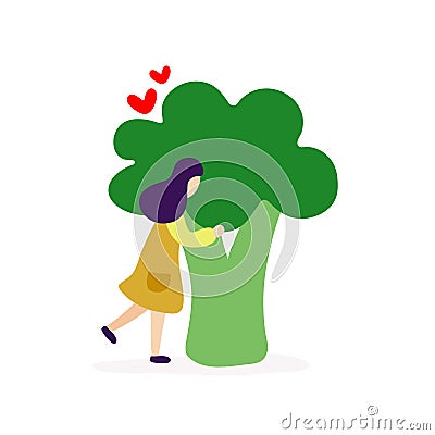 Young girl hugging big broccoli Vector Illustration