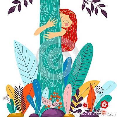 Young girl hugging tree. Eco friendly, environment preservation concept. Vector Illustration