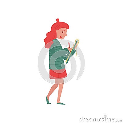 Young girl journalist taking notes on her clipboard. Professional at work. Official press reporter. Flat vector design Vector Illustration