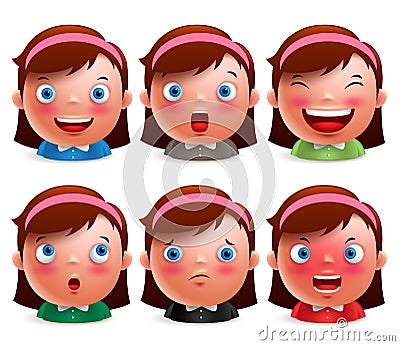 Young girl kid avatar facial expressions set of cute emoticon heads Vector Illustration