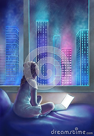 A young girl with laptop looks through the window at the night city. Stock Photo