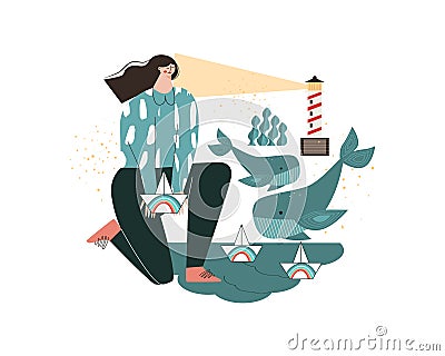 Young girl launches paper boats with a rainbow into the Ocean lighthouse whales Metaphor flat vector illustration Vector Illustration