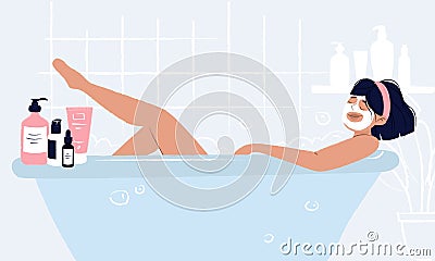 Young girl laying in bathtub with face mask doing hygiene and self care and enjoying her beauty ritual. Woman bathroom with Vector Illustration