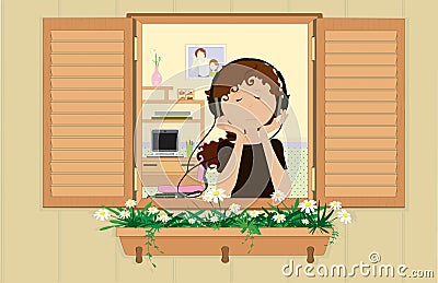Young girl listening a music. Vector Illustration