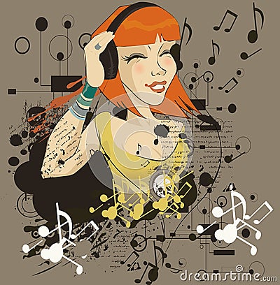 The young girl listens to music in headphone Vector Illustration