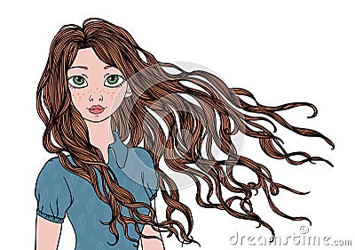 A young girl with long waving in the wind hair. Vector portrait illustration, isolated on white. Vector Illustration