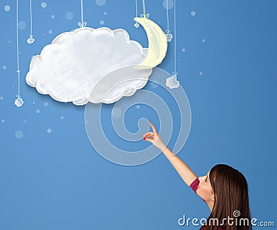 Young girl looking at cartoon night clouds with moon Stock Photo