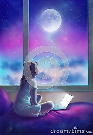 A Young girl looks out the window at the moon and stars. Stock Photo