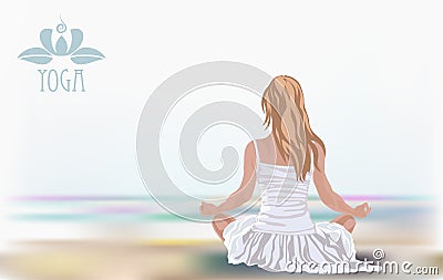 Young girl in lotus position on the beach. Meditation, spiritual practice, yoga Stock Photo