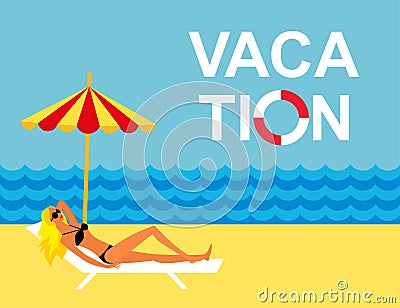 Young girl lying on the beach under an umbrella. Girl sunbathing on a deckchair on the beach Vector Illustration