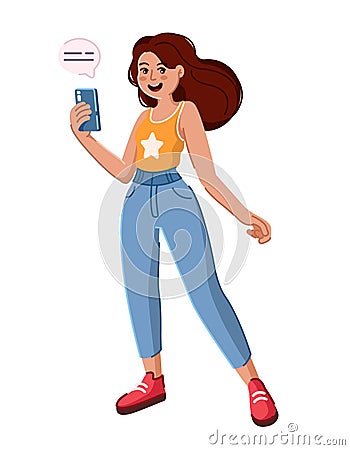 A young girl with a mobile phone in her hand writes a message, smiles and laughs. Vector Illustration