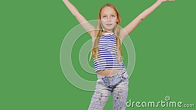 Young Girl Model Posing Front Camera on Green Background. Girl Teenager Smiling and Looking To Camera on Photo Session Stock Footage - Video of attractive, background: 157375806
