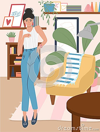 Young girl in modern clothes standing in the living room vector flat cartoon illustration Cartoon Illustration