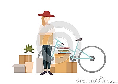 Young girl moving into a new house with things. Cartoon illustration in flat style. Vector Illustration