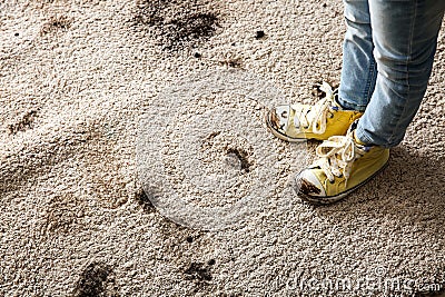 Little girl in muddy shoes messing up carpet at home Stock Photo