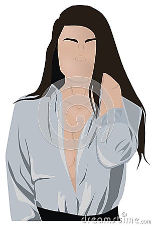 Young girl with no face and revealing breast shirt. Brown hair Vector Illustration