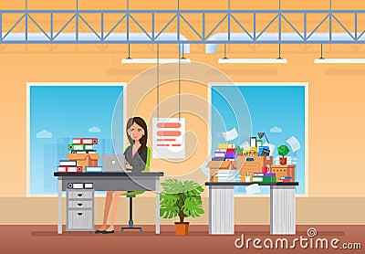 Young girl, office worker, businesswoman, working at computer in office. Vector Illustration