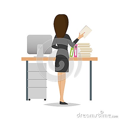 Young girl, office worker, sorts documents, near working desk. Vector Illustration