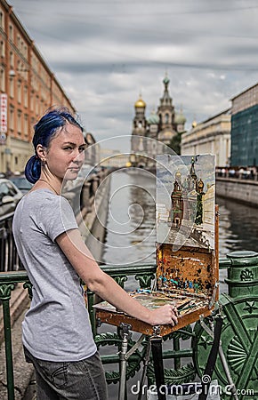 Young Girl Painting The Church of the Savior on Blood in St. Petersburg Editorial Stock Photo