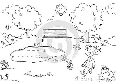 Coloring Young girl in the park Cartoon Illustration