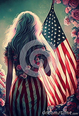 Young girl patriot with the USA Stars and Stripes American flag Cartoon Illustration