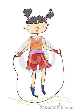 Young girl with pigtails skipping over a rope as she warms up for her workout in a health, sport and fitness concept Vector Illustration