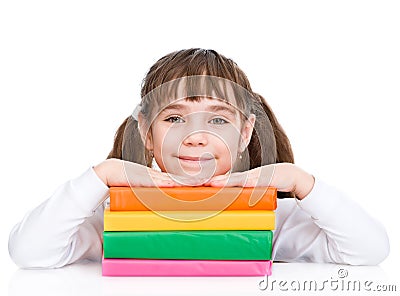 Young girl with pile books. isolated on white background Stock Photo