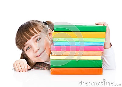 Young girl with pile books. isolated on white background Stock Photo