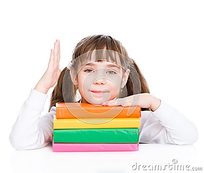 Young girl with pile books raising hand up Stock Photo