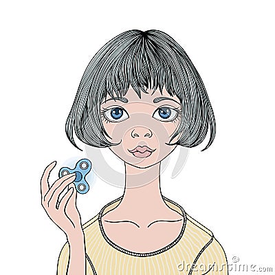 Young girl playing with fidget spinner. Hand spinner - popular anti stress toy for school kids and adults. Vector Vector Illustration