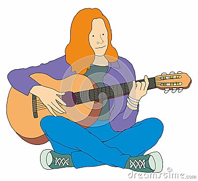 Young girl playing the guitar and composes music. vector cute character. Stock Photo