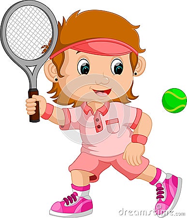 Young girl playing tennis with a racket Vector Illustration