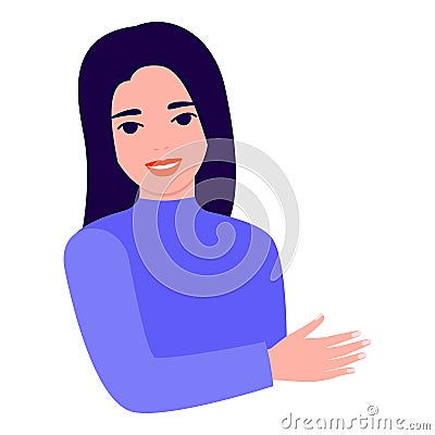 Young girl points her hand at something, demonstrates, tells, directs. Vector illustration Stock Photo