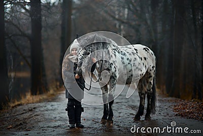 Young girl portrait with Appaloosa horse and Dalmatian dogs Stock Photo