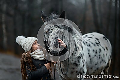 Young girl portrait with Appaloosa horse and Dalmatian dogs Stock Photo