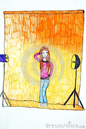 Young girl poses as a model in photostudio. Like kids drawn flat doodle simple image. Marker hand drawing, child painting Stock Photo