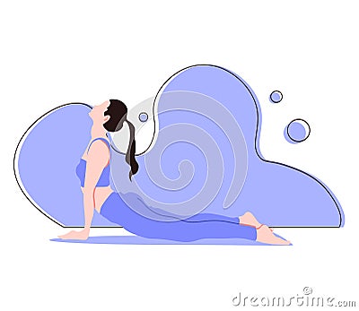 Young girl practicing yoga. Peaceful warrior pose. Meditation, stretching and relaxation in women position. Leg yoga Vector Illustration