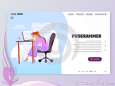Young girl programmer at work in the office, flat style, landing page template. Vector Illustration