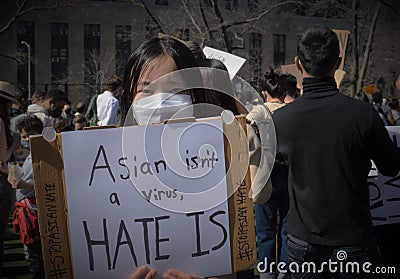 Young Girl Protesting Against Anti-Asian Violence in Chinatown NYC Protest Rally Editorial Stock Photo