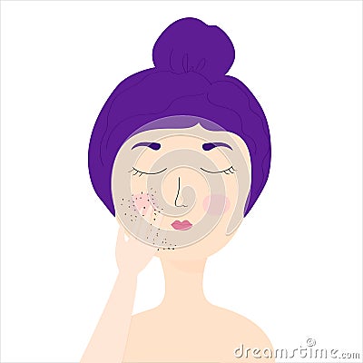 A young girl with purple hair is applying a coffee scrub to her face. coffee exfoliation Cartoon Illustration