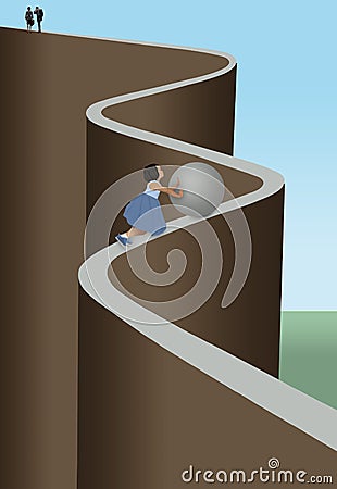 A young girl pushes a large metallic ball up a narrow steep and dangerous path Cartoon Illustration