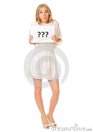 Young girl with question banner Stock Photo