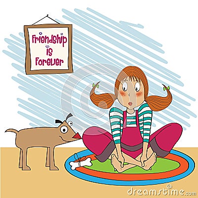 Young girl receives a bone gift from her puppy Vector Illustration