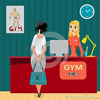 Young girl receiving clint at the reception of a gym. Vector Illustration